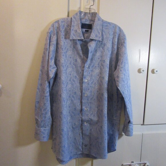 David Donahue Men's Trim Fit Paisley Floral Dress Shirt 17  32/33 Blue - Picture 5 of 9